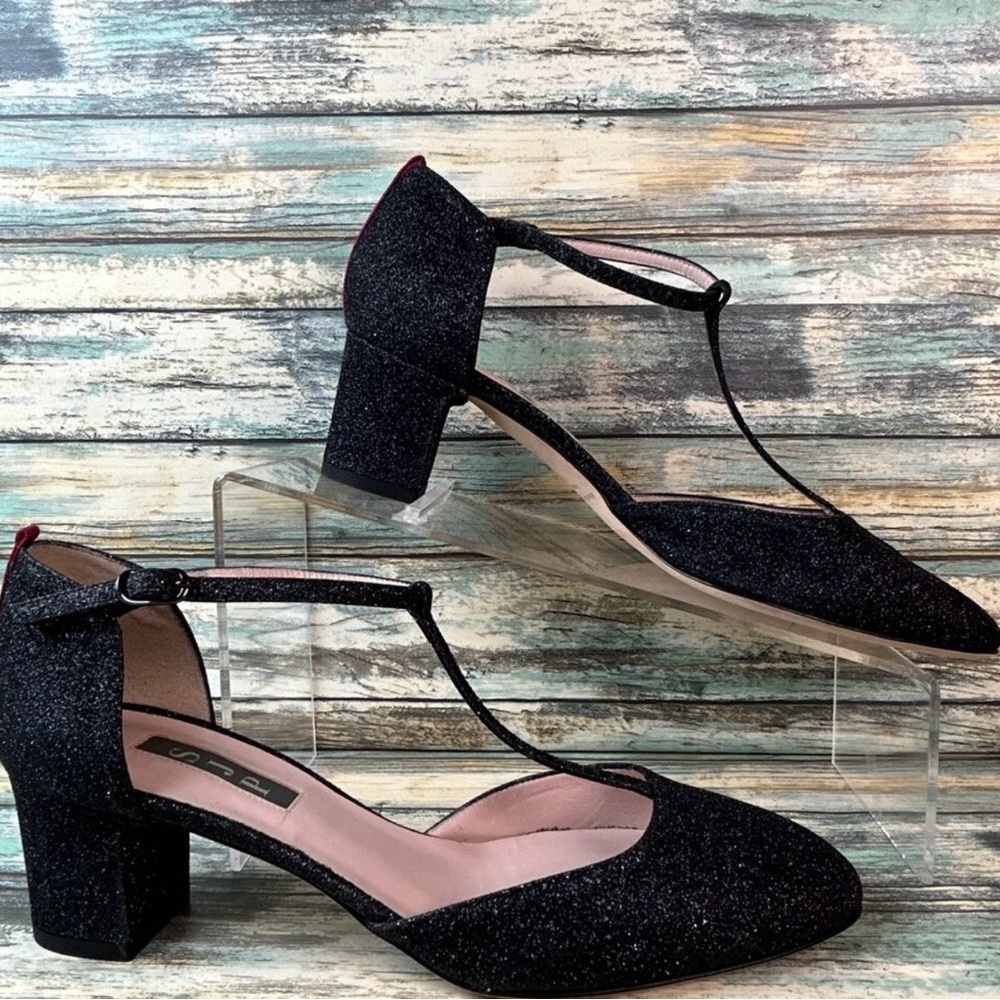 SJP by Sarah Jessica Parker Black Glitter T-Strap Block Heels